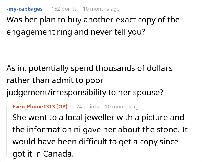 Reddit conversation about swapping real engagement ring for a fake to protect it, leading to engagement breakup. Reddit conversation about swapping real engagement ring for a fake to protect it, leading to engagement breakup.