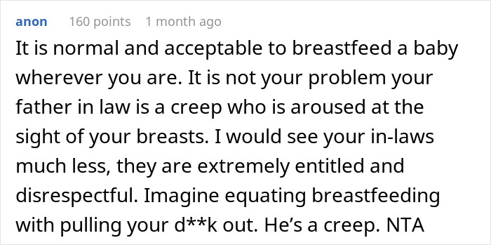 Text screenshot discussing breastfeeding and father-in-law's reaction. Text screenshot discussing breastfeeding and father-in-law's reaction.