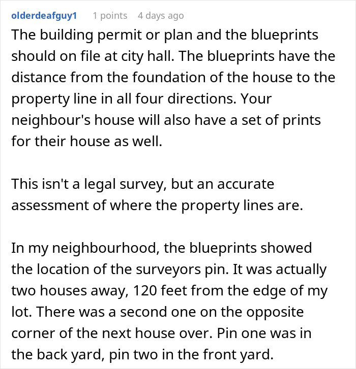 Text describing neighbor's blueprint discussion about property lines and surveyor's pin location. Text describing neighbor's blueprint discussion about property lines and surveyor's pin location.