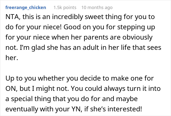 Reddit comment praising an aunt for customizing a doll for her niece, expressing support and admiration. Reddit comment praising an aunt for customizing a doll for her niece, expressing support and admiration.