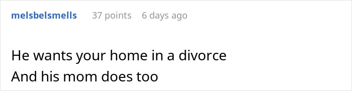 Text comment on a social media platform about property and relationship advice. Text comment on a social media platform about property and relationship advice.