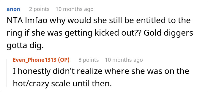Reddit comment discussing swapping a real ring for a fake, leading to broken engagement over a gold digger accusation. Reddit comment discussing swapping a real ring for a fake, leading to broken engagement over a gold digger accusation.