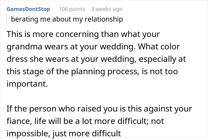 Reddit comment discussing wedding dress concerns about grandma wearing white, shared by user on relationship issues. Reddit comment discussing wedding dress concerns about grandma wearing white, shared by user on relationship issues.