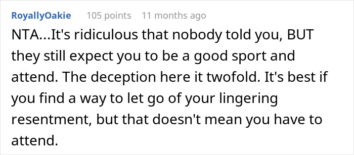 Comment discussing a person marrying their ex-girlfriend's cousin, addressing deception and expectations to attend an event. Comment discussing a person marrying their ex-girlfriend's cousin, addressing deception and expectations to attend an event.