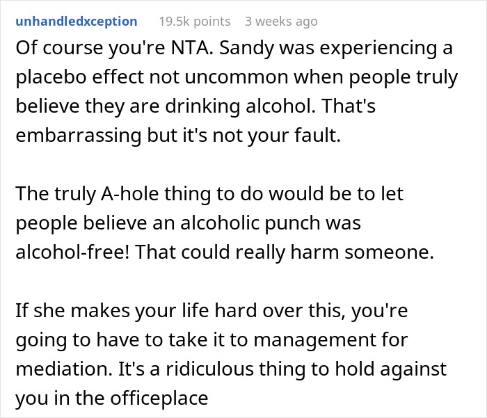 Reddit comment discussing a work party punch incident involving a coworker's reaction. Reddit comment discussing a work party punch incident involving a coworker's reaction.