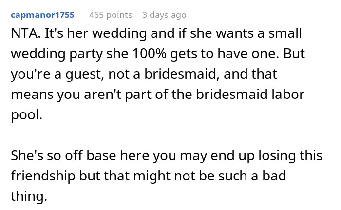 Text response discussing a wedding, bridesmaid exclusion, and friendship tension. Text response discussing a wedding, bridesmaid exclusion, and friendship tension.