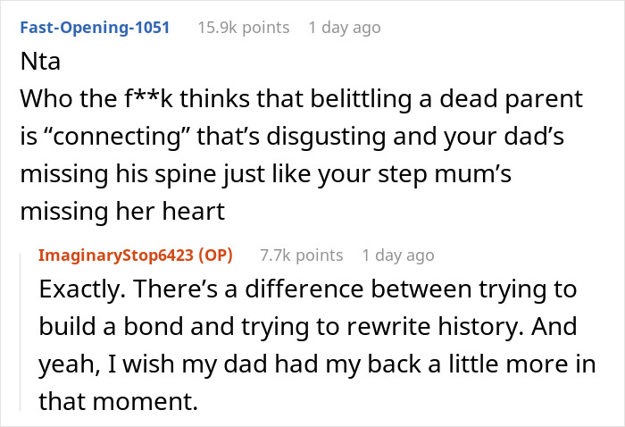 Reddit comments discussing a step-mom's attempt to teach a teen about her mom, leading to a harsh reality check. Reddit comments discussing a step-mom's attempt to teach a teen about her mom, leading to a harsh reality check.