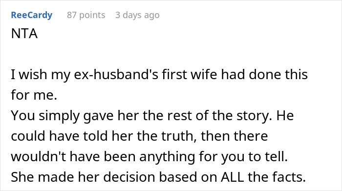 Reddit comment supporting a woman's decision to warn an ex's wife about his criminal record. Reddit comment supporting a woman's decision to warn an ex's wife about his criminal record.