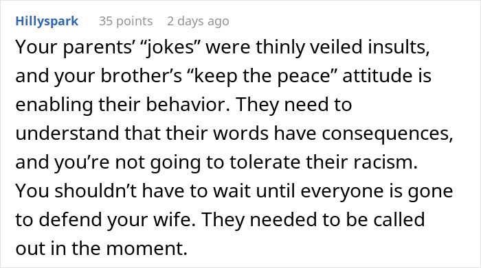 Reddit comment on confronting parents' racism towards son's Thai wife, emphasizing consequences and need for immediate action. Reddit comment on confronting parents' racism towards son's Thai wife, emphasizing consequences and need for immediate action.