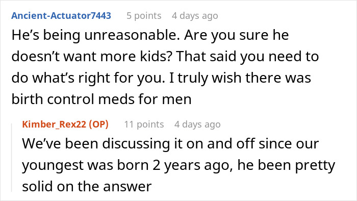 Discussion about sterilization decision against partner's wishes, featuring user comments on birth control choices. Discussion about sterilization decision against partner's wishes, featuring user comments on birth control choices.