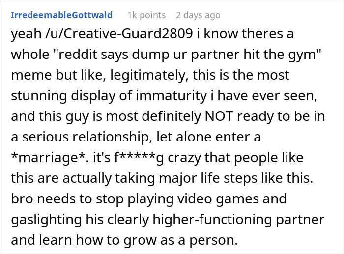 Comment criticizing gaslighting and immaturity in a relationship discussion. Comment criticizing gaslighting and immaturity in a relationship discussion.