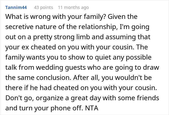 Text screenshot discussing a guy marrying his ex-girlfriend's cousin, mentioning cheating and family issues. Text screenshot discussing a guy marrying his ex-girlfriend's cousin, mentioning cheating and family issues.