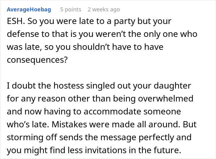 Reddit comment discussing a late arrival at a birthday party and its social consequences. Reddit comment discussing a late arrival at a birthday party and its social consequences.
