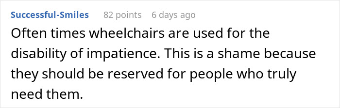 Comment on wheelchairs and impatience regarding handicapped seat. Comment on wheelchairs and impatience regarding handicapped seat.