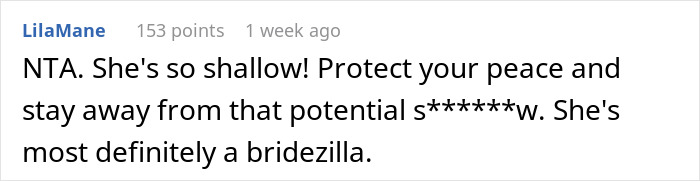 Reddit comment on wedding party exclusion, calling bride a "bridezilla" and criticizing her behavior. Reddit comment on wedding party exclusion, calling bride a "bridezilla" and criticizing her behavior.