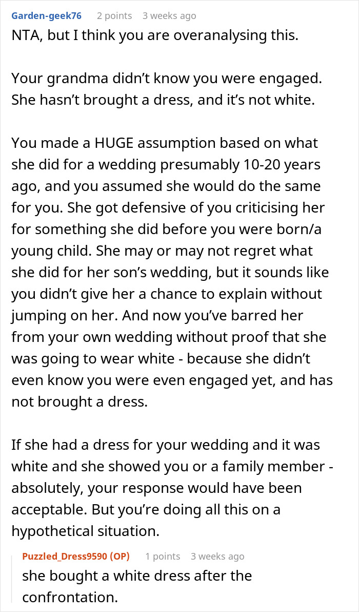 Reddit comment discussing a bride's concern over her grandmother wearing white to the wedding. Reddit comment discussing a bride's concern over her grandmother wearing white to the wedding.
