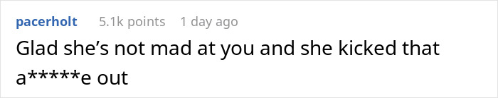 Comment discussing a neighbor's reaction to personal relationship news. Comment discussing a neighbor's reaction to personal relationship news.
