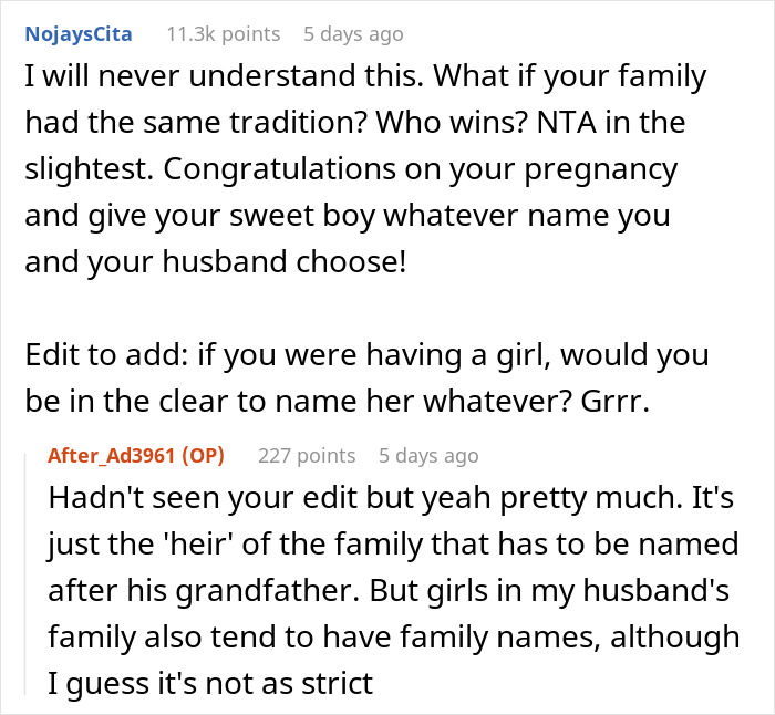Reddit discussion on rejecting a baby name tradition, with users debating family naming customs. Reddit discussion on rejecting a baby name tradition, with users debating family naming customs.