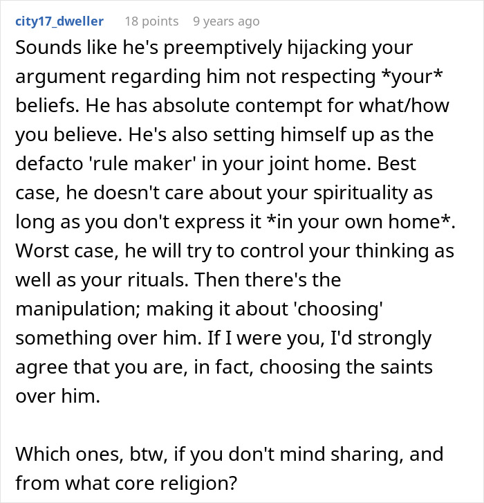 Text of a Reddit comment discussing manipulation in relationships involving religion. Text of a Reddit comment discussing manipulation in relationships involving religion.