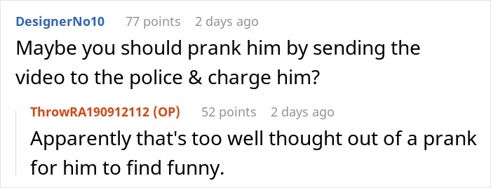 Reddit comments discussing a husband's prank potentially risking his wife's life, suggesting involving police. Reddit comments discussing a husband's prank potentially risking his wife's life, suggesting involving police.