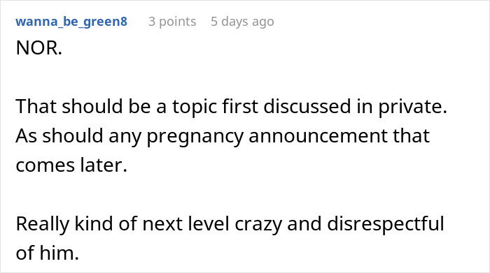 Comment criticizing public pregnancy announcement during birthday dinner. Comment criticizing public pregnancy announcement during birthday dinner.