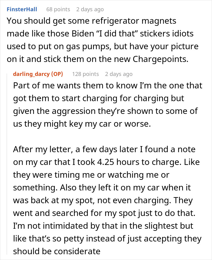 Text exchange about Tesla drivers and charging station etiquette, discussing issues and reactions to extended charging times. Text exchange about Tesla drivers and charging station etiquette, discussing issues and reactions to extended charging times.