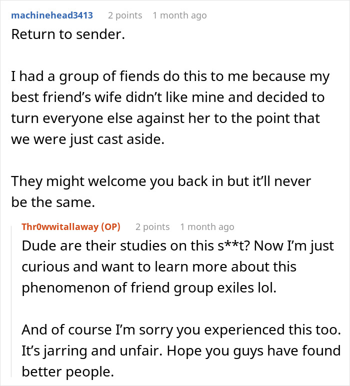 Image of online forum comments discussing friend group dynamics and social exclusion experiences. Image of online forum comments discussing friend group dynamics and social exclusion experiences.