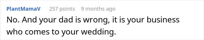Reddit comment discussing wedding guest decisions and family opinions. Reddit comment discussing wedding guest decisions and family opinions.