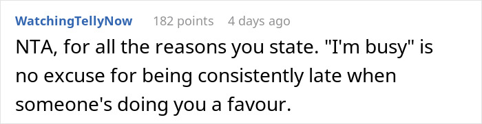 Reddit comment discussing reasons for ending free rides to work due to consistent lateness. Reddit comment discussing reasons for ending free rides to work due to consistent lateness.