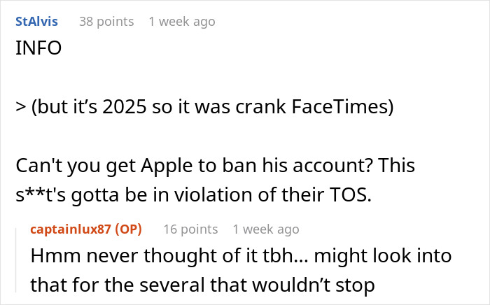 Reddit comments discussing disciplinary actions and account violations involving a son prank calling on FaceTime. Reddit comments discussing disciplinary actions and account violations involving a son prank calling on FaceTime.