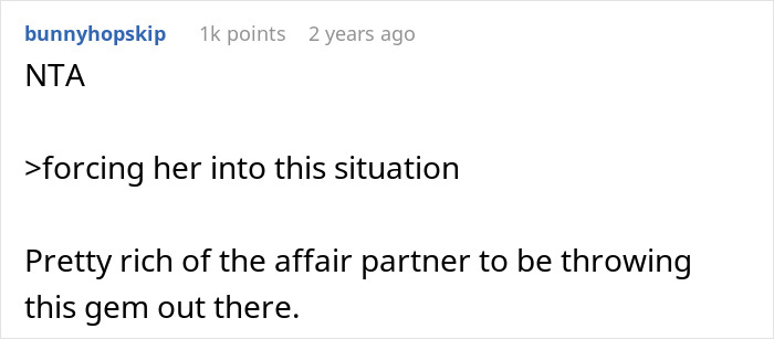 Reddit comment discussing a partner's reaction to naming a baby, mentioning an affair partner's boldness. Reddit comment discussing a partner's reaction to naming a baby, mentioning an affair partner's boldness.