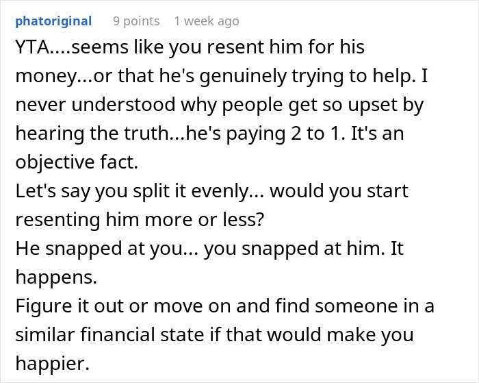 Comment about financial resentment in a relationship involving inheritance and trust fund. Comment about financial resentment in a relationship involving inheritance and trust fund.