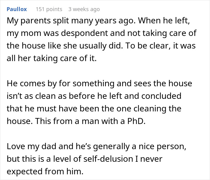 Text screenshot about self-delusion, featuring a person's story about their parents and house cleaning remarks. Text screenshot about self-delusion, featuring a person's story about their parents and house cleaning remarks.
