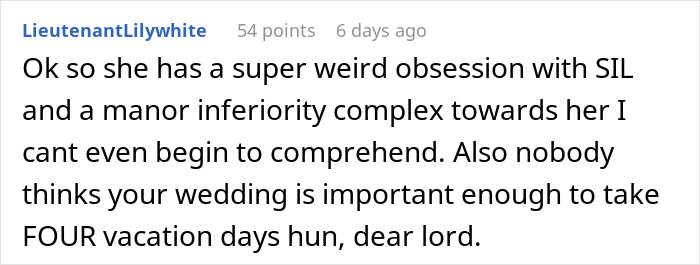 Screenshot of a comment criticizing a couple's four-day wedding, mentioning vacation days. Screenshot of a comment criticizing a couple's four-day wedding, mentioning vacation days.