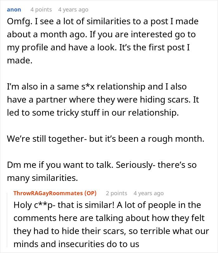 Text exchange about relationship challenges and scars, highlighting insecurities and misunderstandings in a same-s*x relationship. Text exchange about relationship challenges and scars, highlighting insecurities and misunderstandings in a same-s*x relationship.