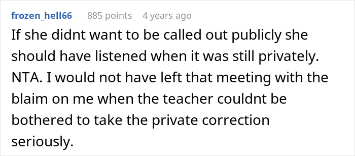 Text comment about a teacher refusing to pronounce a daughter's name correctly. Text comment about a teacher refusing to pronounce a daughter's name correctly.