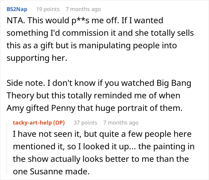 Reddit comment discussion about unsolicited paintings, users criticize gifting art to manipulate support. Reddit comment discussion about unsolicited paintings, users criticize gifting art to manipulate support.