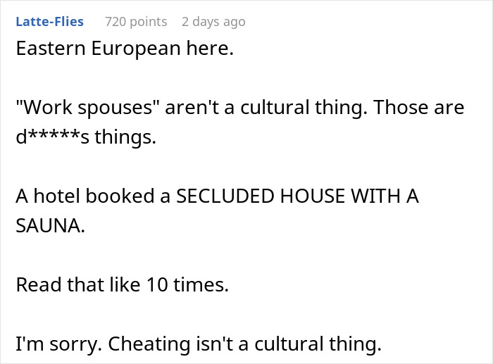 Text screenshot about "work spouses," a secluded house, and sauna. Text screenshot about "work spouses," a secluded house, and sauna.