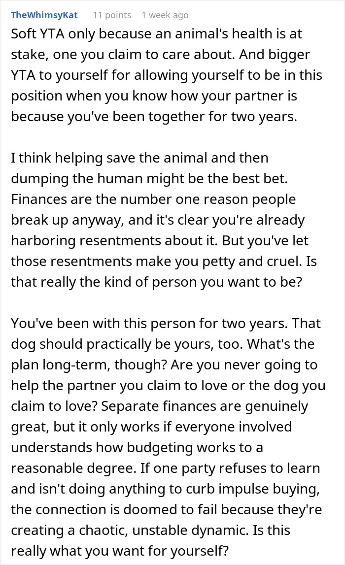 Text discussing financial disputes in a relationship, focusing on a boyfriend spending on toys and a girlfriend refusing to pay a vet bill. Text discussing financial disputes in a relationship, focusing on a boyfriend spending on toys and a girlfriend refusing to pay a vet bill.