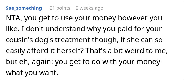 Comment discussing woman’s choice to fund a dog’s treatment over nephew’s college, questioning money use. Comment discussing woman’s choice to fund a dog’s treatment over nephew’s college, questioning money use.