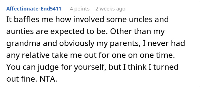 Comment discussing expectations of uncles and aunts, mentioning family involvement and personal experience. Comment discussing expectations of uncles and aunts, mentioning family involvement and personal experience.