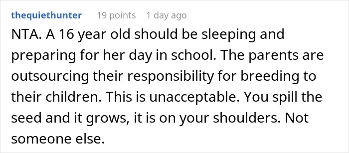 Reddit comment criticizing forcing teens to care for newborn siblings, mentioning parental responsibility. Reddit comment criticizing forcing teens to care for newborn siblings, mentioning parental responsibility.