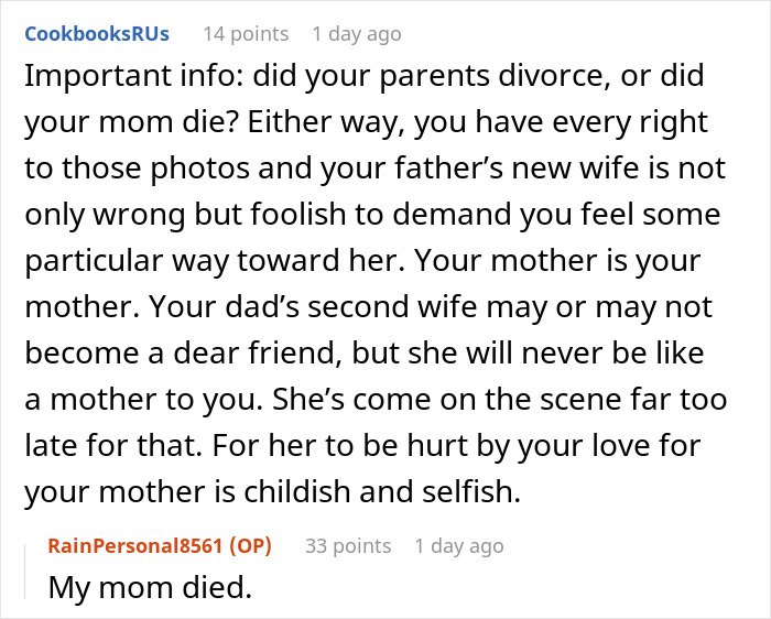 Screenshot of a heated discussion regarding a lady discarding her husband's late wife's photos. Screenshot of a heated discussion regarding a lady discarding her husband's late wife's photos.