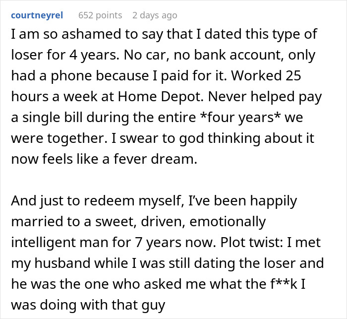 Text post about regrettable relationship choices and financial dependency. Text post about regrettable relationship choices and financial dependency.