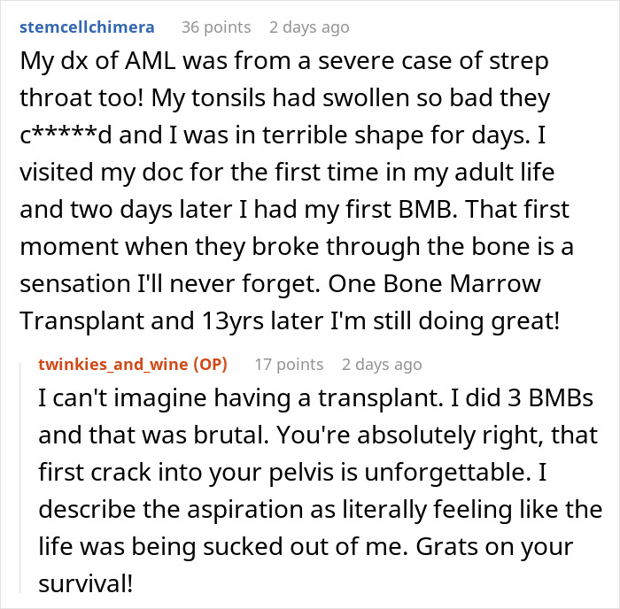 Image of two users discussing cancer diagnosis and bone marrow transplants on an online forum. Image of two users discussing cancer diagnosis and bone marrow transplants on an online forum.
