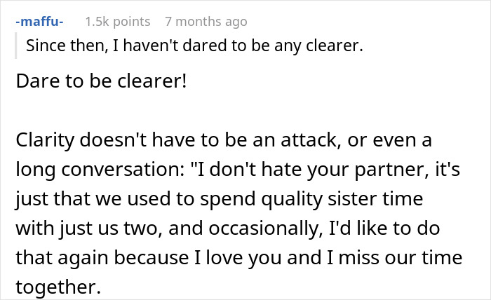 Text exchange discussing lack of sister alone time due to boyfriend's presence. Text exchange discussing lack of sister alone time due to boyfriend's presence.