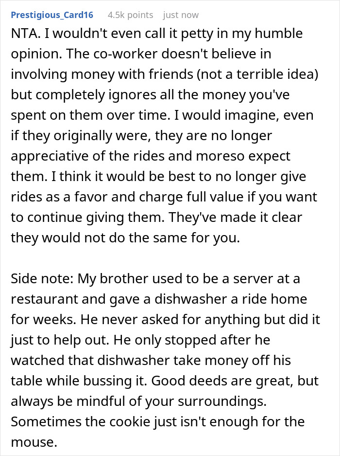 Discussion on coworker giving free rides and ending it over a dollar dispute. Discussion on coworker giving free rides and ending it over a dollar dispute.