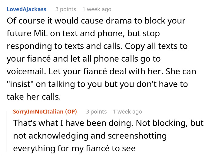 Text conversation discussing MiL expectations for wedding invitations, suggesting managing contact through the fiancé. Text conversation discussing MiL expectations for wedding invitations, suggesting managing contact through the fiancé.