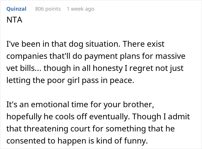 Screenshot of a forum comment discussing a dog bill and vacation reimbursement related to a brother's situation. Screenshot of a forum comment discussing a dog bill and vacation reimbursement related to a brother's situation.