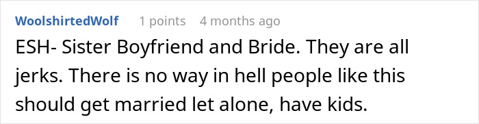 A Reddit comment critical of a woman, fiancé, and sister, questioning their marriage suitability. A Reddit comment critical of a woman, fiancé, and sister, questioning their marriage suitability.